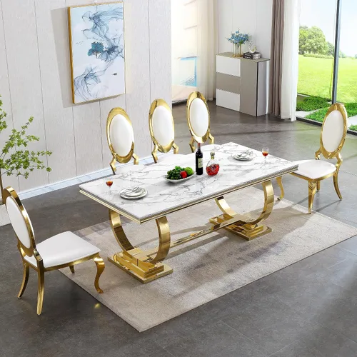 Vista 2 de Juego de mesa de comedor moderno de mármol para 6, sillas de mesa de cocina, juego de 7 piezas con mesa de comedor de imitación de mármol blanco