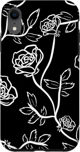 Vista 8 de iPhone 14 Rose Bush Pétalos de rosa Hojas de espina Funda blanca y negra