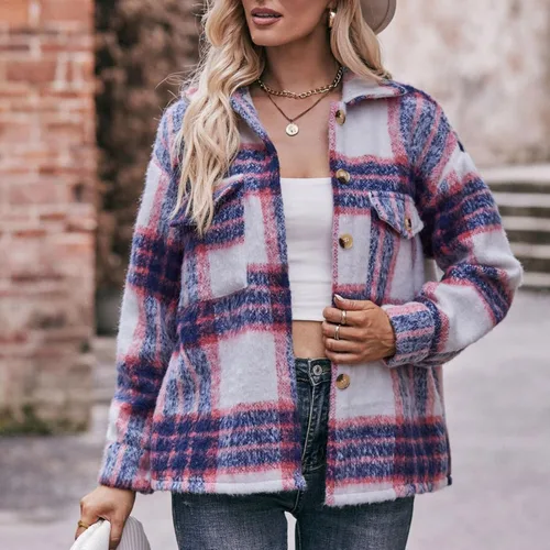 Vista 2 de oelaio Plus Size Winter Coats for Women Plaid Flannel Shacket Jacket Lapel Collar Jacket Ladies Comfy Gifts for Teen Girls