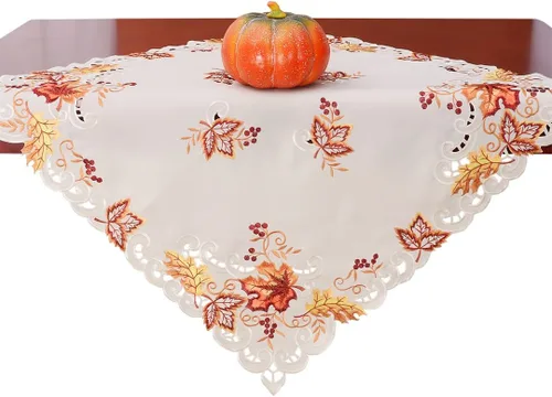 Vista 3 de GRELUCGO elegante camino de mesa de día de Acción de Gracias, día festivo, bordado de hojas de arce para otoño, mesa de lino, 14 por 72 pulgadas