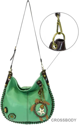 Vista 4 de Chala Bolsos de mano, estilo casual, suave, grande hombro o bolso cruzado con llavero, color verde azulado, Búho