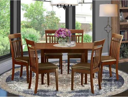 Vista 2 de East West Furniture NOCA7-MAH-LC - Juego de mesa de comedor moderno de 7 piezas que consta de una mesa rectangular de madera con hoja de mariposa