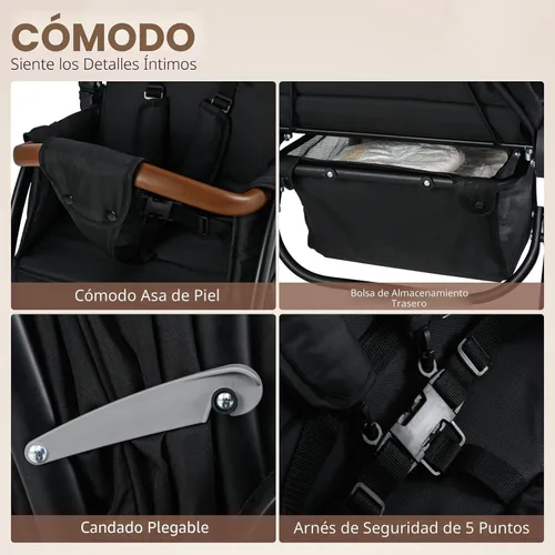 Vista 6 de INFANS Cochecito doble, cochecito plegable en tándem para bebé con respaldo ajustable, toldo, reposapiés, arnés de 5 puntos, canasta