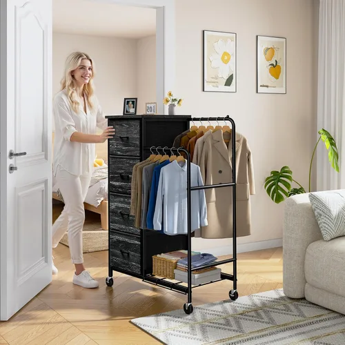 Vista 8 de Romorgniz Cómoda 3 en 1 con estante para colgar, 4 cajones de tela con doble perchero y ruedas, organizador alto de armario para dormitorio, Negro