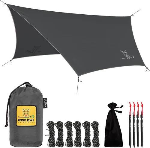 Vista 13 de Wise Owl Outfitters Toldo para Hamaca – Funda de lona impermeable para acampar con estacas de tienda de campaña y bolsa de transporte, refugio
