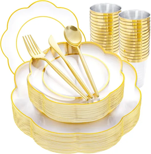 Vista 18 de ejonirinjonir EI - 180 platos de plástico beige con cubiertos de plástico dorado, platos desechables de alta resistencia para fiestas, juego