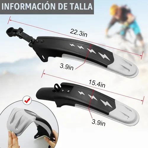 Vista 2 de Juego de guardabarros delantero y trasero, 2 piezas, cubierta completa universal gruesa para bicicleta, ajustable, guardabarros, guardabarros Negro