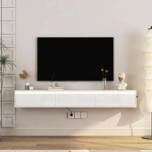 Vista 21 de Soporte flotante para TV montado en la pared con 20 LED de color, soporte de TV moderno de 63 pulgadas, gabinete de TV flotante centro