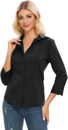 Vista 20 de Camisas con botones para mujer, oficial, formal, manga 3/4, color blanco, elástica, camisa de vestir de verano