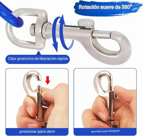 Vista 5 de Cable de amarre en espiral para mascotas de 12 pies, color azul, se retrae fácil y rápidamente para evitar enredos