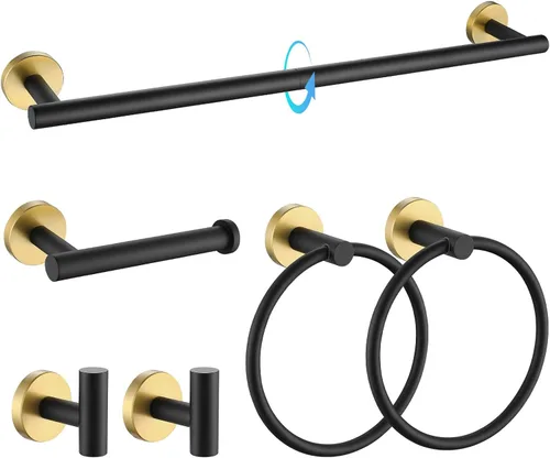 Vista 11 de TQKAG Juego de accesorios de baño negro y dorado de 5 piezas, juego de toalleros redondos de acero inoxidable de 23.6 pulgadas para baño montado