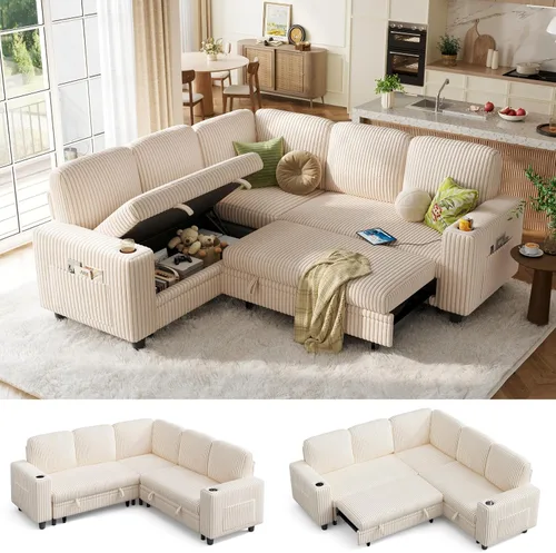Vista 9 de LINSY HOME - Sofá seccional con cama extraíble y sofá cama deslizable, sofá convertible de pana mullida tipo nube con chaise de almacenamiento