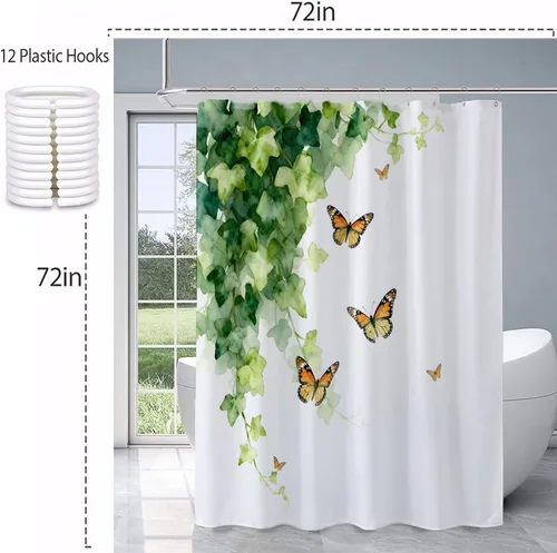 Vista 2 de Cortina de ducha, tela impermeable para baño, cortinas decorativas para baño, hotel (cortina, hoja verde)