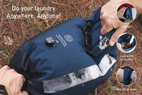 Vista 4 de Lavadora portátil con bolsa de lavado – Bolsa seca totalmente impermeable de 15 litros – Lavadora de nailon compacta ligera – Bolsa de lavandería