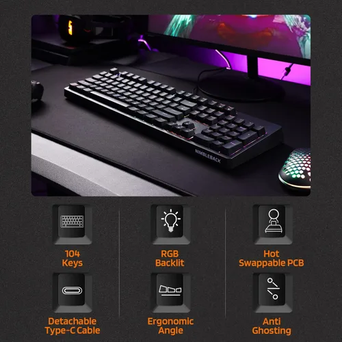 Vista 2 de LTC NB1041 Nimbleback Teclado mecánico con cable intercambiable en caliente 104 teclas RGB retroiluminado para juegos interruptor rojonegro