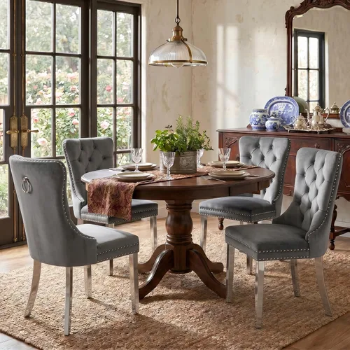 Vista 105 de SoarFlash Juego de 2 sillas de comedor de terciopelo, silla lateral de respaldo alto, silla lateral moderna tapizada de alta gama con botones Beige