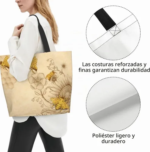 Vista 3 de Bolsa de compras grande reutilizable con mango fuerte respetuoso del medio ambiente Girasoles de abeja