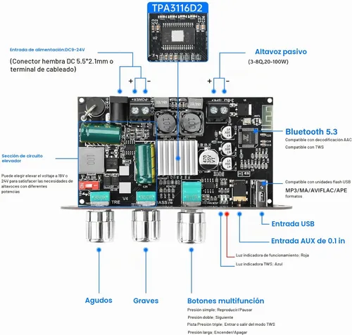 Vista 5 de Daakro 2 unidades ZK-1001U Mono Bluetooth Amplificador Board w/TWS, 100W Pico Power Home Audio Amplificador de Audio, Amplio Voltaje Entrada 9-24V