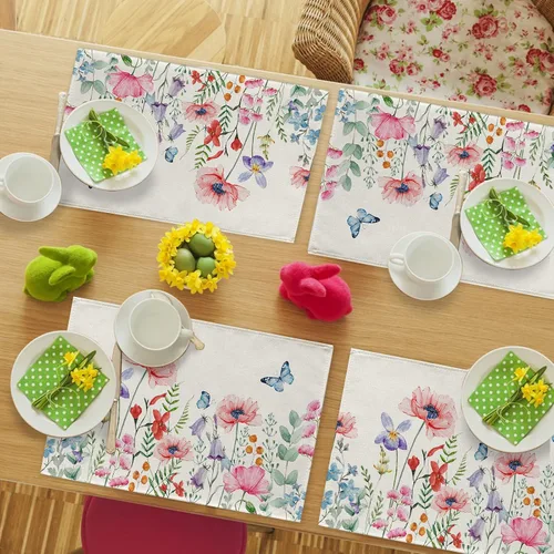 Vista 7 de Seliem Juego de 4 manteles individuales de flores de anémona de primavera, acuarela, rosa, floral, mariposa, comedor, decoración del hogar, cocina
