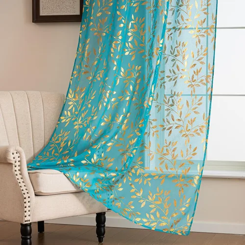 Vista 12 de Deeprove Cortinas traslúcidas color aguamarina y dorado de 63 pulgadas de largo, 2 paneles para decoración de dormitorio, cocina, decoración