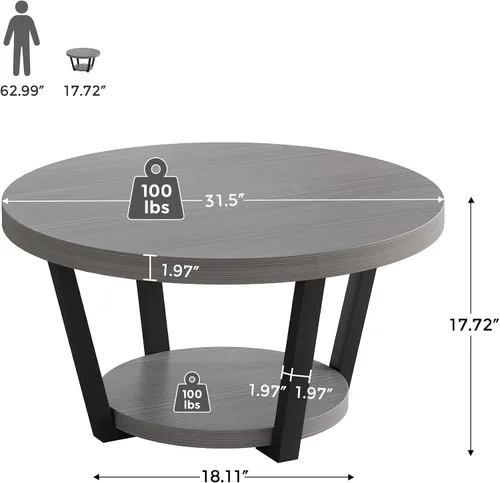 Vista 2 de Mesa de centro redonda con estante de almacenamiento, mesa central de madera de 2 niveles, muebles industriales modernos de sala de estar, gris