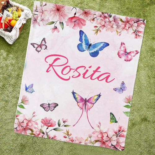 Vista 3 de Manta de mariposa personalizada con nombre de mariposa para niños y niñas, regalo para amantes de las mariposas, franela suave y acogedora, ligera