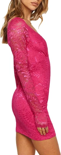 Vista 2 de Vestido sexy de manga larga para mujer, color sólido, cuello cuadrado, cintura alta, ajustado, mini vestido de fiesta con abertura lateral
