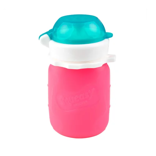 Vista 3 de Squeasy Snacker Rosa - Bolsa de alimentos reutilizable de silicona a prueba de derrames, de 3.5 onzas, para alimentos blandos y líquidos, agua