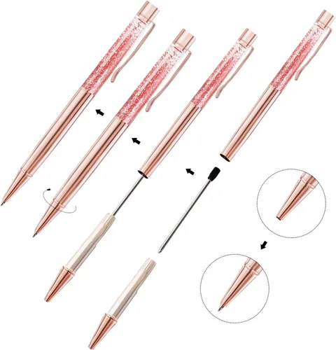 Vista 3 de ZZTX 3 bolígrafos de oro rosa, bolígrafo de metal brillante dinámico de arena líquida con repuestos, tinta negra, suministros de oficina, bolígrafos
