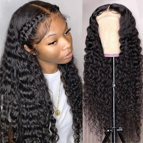 Vista 4 de Pelucas de cabello humano ondulado profundo con encaje frontal para mujeres negras, pelucas de cabello humano de 13 × 4 con encaje frontal