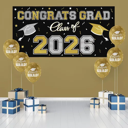 Vista 3 de Telón de fondo de plástico para fiesta de graduación 2026 - 65" x 32.7" Pancarta Congrats Grad en negro, decoraciones grandes de la clase de 2026
