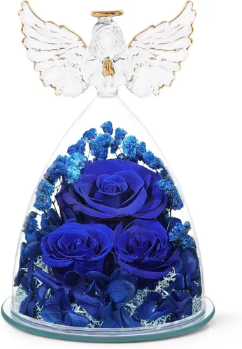 Vista 11 de Regalos de rosas preservadas para mujeres, flores frescas eternas en cristal con figuras de ángel para entrega, rosas moradas para abuela, mamá
