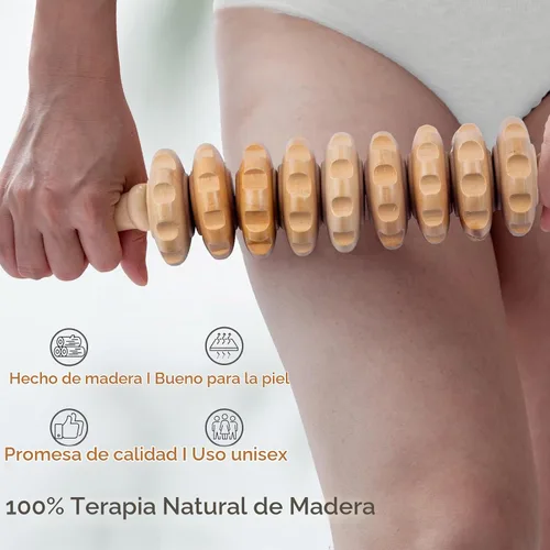 Vista 3 de Rodillo de masaje de madera para dar forma al cuerpo, rodillo de terapia de madera con 9 rodillos giratorios, herramienta de masaje anticelulítica