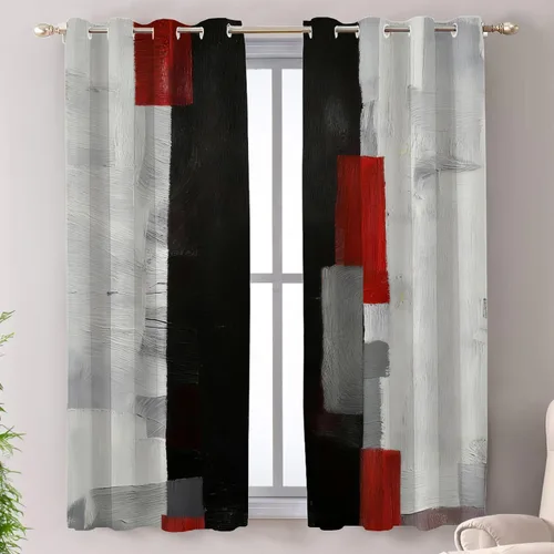 Vista 24 de Shrahala Beige and Orange Abstract Art Brushstrokes Blackout Curtain Tiers, Abstract Oil Paint Kitchen Valance Light Blocking Tier Drapes with Rod