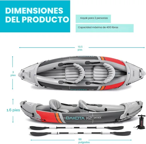 Vista 3 de INTEX Juego de kayak inflable para 2 personas, Dakota K2 con remos de 86 pulgadas y bomba 68310VM - Kayak tándem sentado con skegs intercambiables