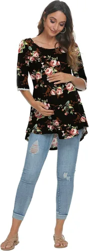 Vista 5 de Xpenyo Camisetas de maternidad con mangas acampanadas de encaje, camisetas tipo túnica de embarazo