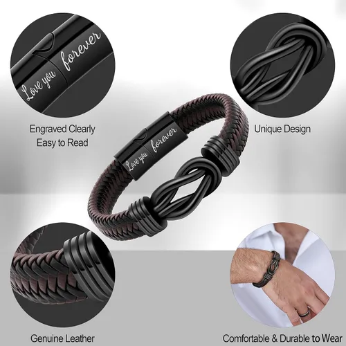 Vista 6 de Pulsera con símbolo de infinito para hombres, regalo para papá, marido, novio, hijo, nieto, marrón, cuero trenzado, acero inoxidable grabado