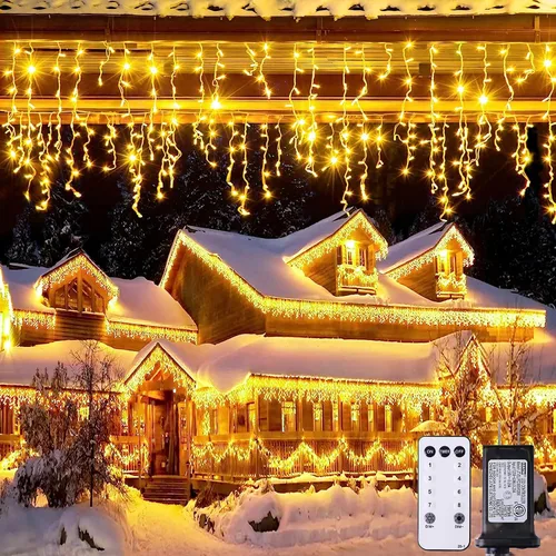 Vista 15 de JMEXSUSS 400 luces LED de Navidad de carámbano de 38.8 pies con control remoto, tira de luces multicolor para exteriores enchufables, 8 modos