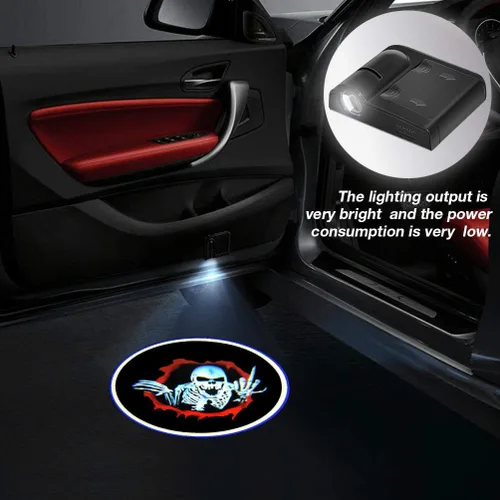 Vista 2 de 2 luces para puerta de automóvil, proyector de logotipo, esqueleto de calavera, universal, inalámbrico, para puerta de automóvil, luces LED