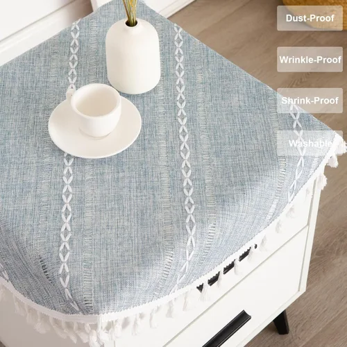 Vista 4 de Mantel Redondo Pequeño de Lino Rústico para Mesita de Noche con Rayas Bordadas Lavable Azul Cubierta de Mesa Estilo Granja con Puntadas y Borlas