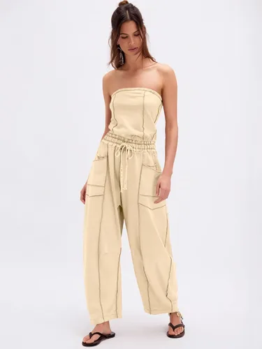 Vista 5 de Sexyasasii Overol casual sin tirantes para mujer, con hombros descubiertos, pantalones largos de pierna ancha con cordón y bolsillos
