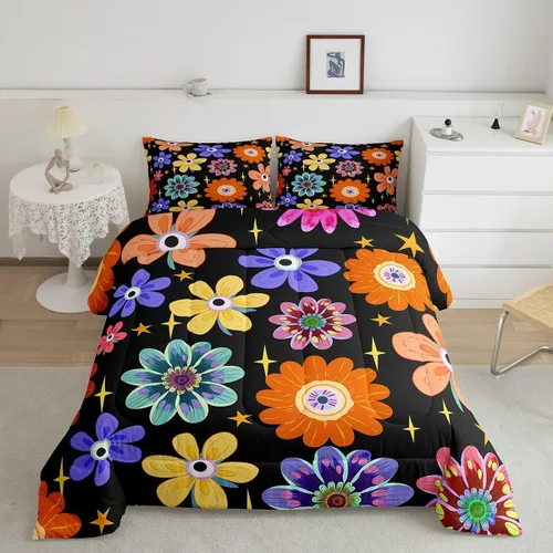 Vista 36 de Lindo juego de edredón de flores para niños y mujeres. Juego de ropa de cama de flores coloridas de dibujos animados, tamaño individual, bonito