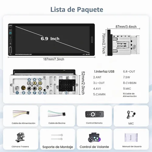 Vista 8 de Radio de coche de un solo DIN estéreo con Apple Carplay Android Auto, pantalla táctil HD de 6.9 pulgadas, receptor Bluetooth, enlace de espejo