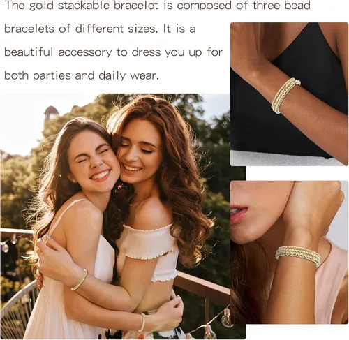 Vista 3 de Long tiantian Pulsera de cuentas de oro para mujer, pulseras apilables de cuentas doradas, pulsera elástica de 3 piezas, pulsera de cuentas