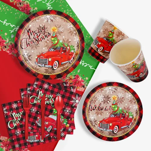 Vista 4 de Suministros de fiesta de Navidad, platos de papel desechables, servilletas, vasos, cuchillos, cucharas, tenedores, mantel para decoraciones