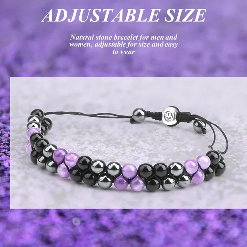 Vista 4 de Pulseras de triple protección para hombres y mujeres, joyería de muñeca de cristal curativo de hematita de amatista auténtica, piedras naturales