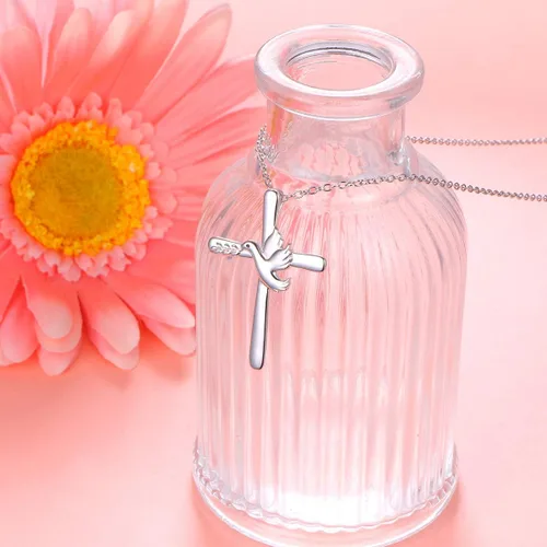 Vista 3 de Collar con colgante de cruz de plata de ley S925 para mujeres y niñas
