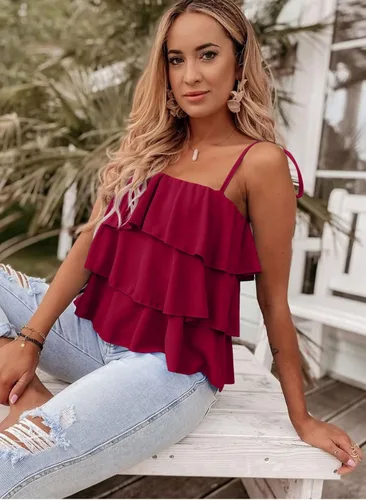Vista 7 de KIRUNDO Camiseta sin mangas con tirantes delgados para mujer, de verano, con capas, con volantes, con lazo en el hombro, con vuelo, sin mangas