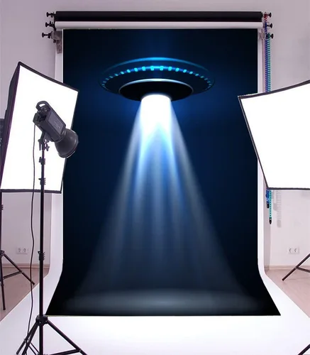 Vista 2 de Leyiyi Fondo de fotografía de 3 x 5 pies, telón de fondo de nave espacial OVNI Fiesta de Feliz Cumpleaños Avión Alien Luz Universo Viaje Espacio