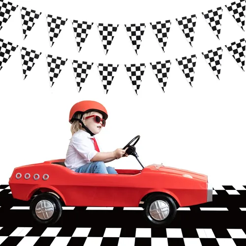 Vista 6 de Mantel de plástico de 3 piezas con dos decoraciones de cumpleaños rápido, con bandera a cuadros, funda de mesa desechable para niños